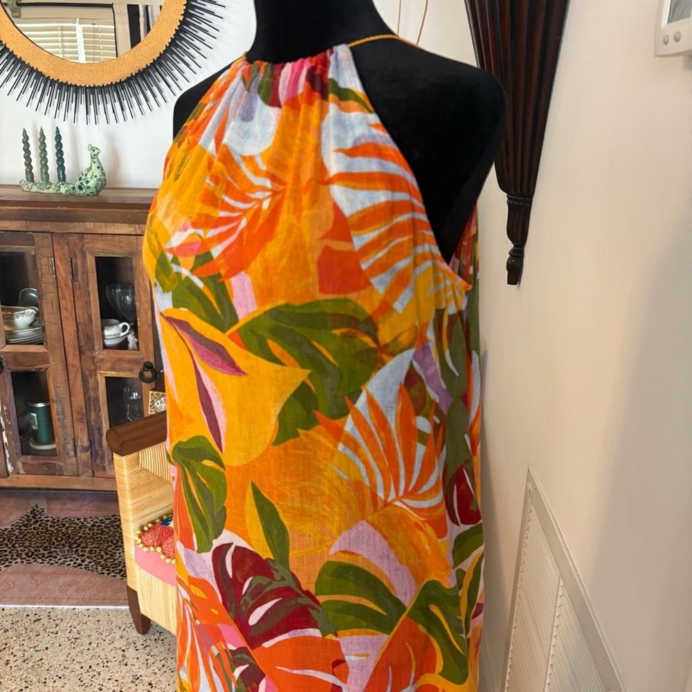 C & C California Linen Blend Tropical Palm Orange Colorful Long Shift Dress! Lg - Picture 3 of 13
